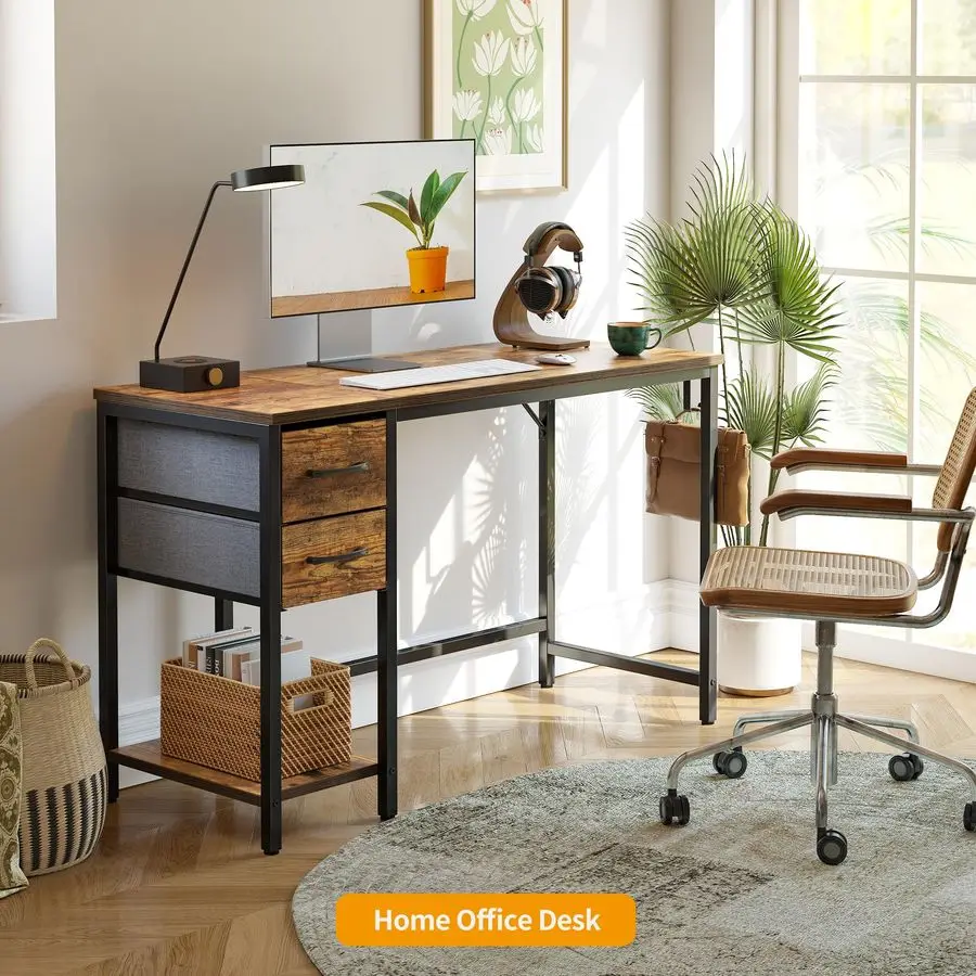 Computer Desk with 2 Drawers, 47 Inch Small Home Office Desk with Storage Study Writing Table, Light Brown