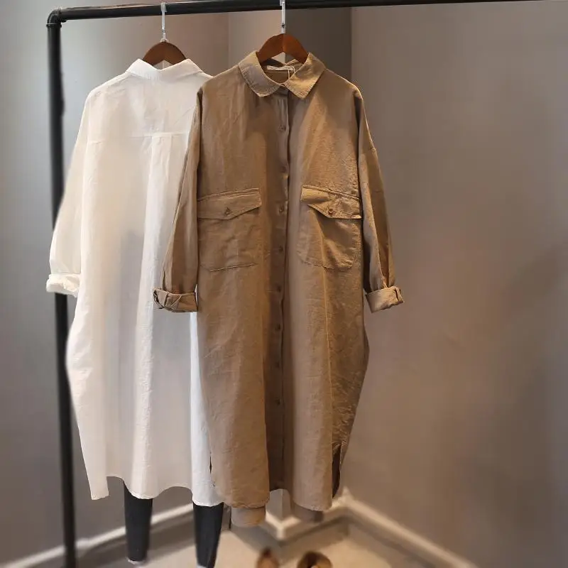 Large size cotton linen dress for women 2024 new spring autumn loose mid length long sleeved shirt skirt casual loose female top