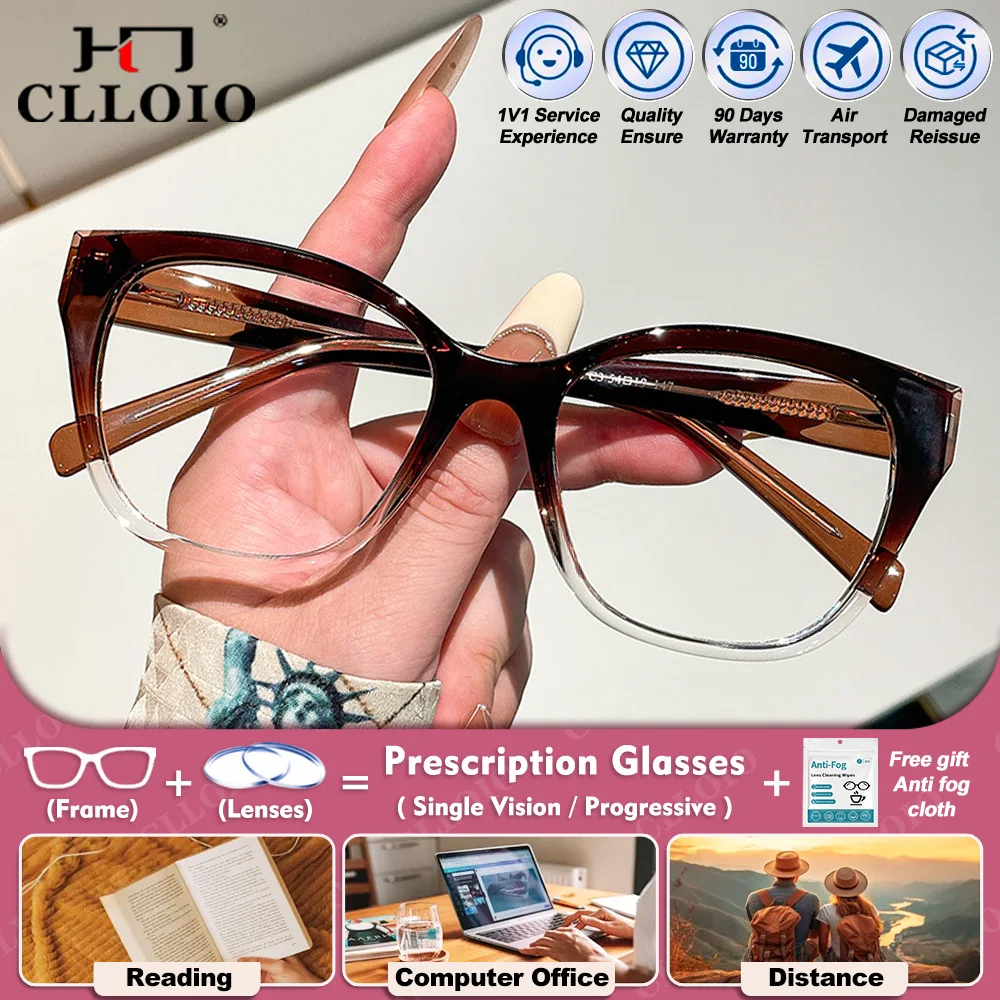 

CLLOIO Fashion Lady Anti Blue Light Office Prescription Reading Glasses Women Photochromic Myopia Progressive Optical Eyeglasses