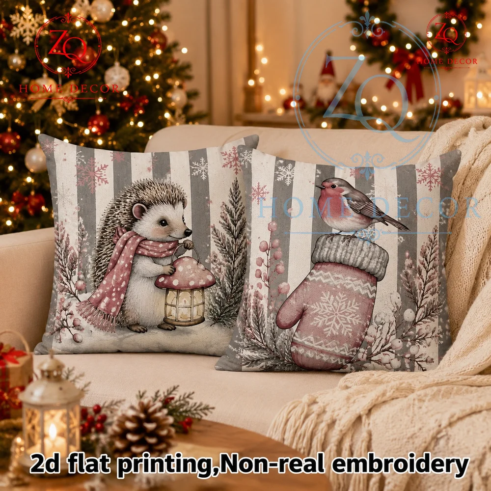 Vintage Pink Grey Christmas Hedgehog Throw Pillow Cover  Inch Winter Wildlife Cushion Case   Couch Bedroom Holiday Decor