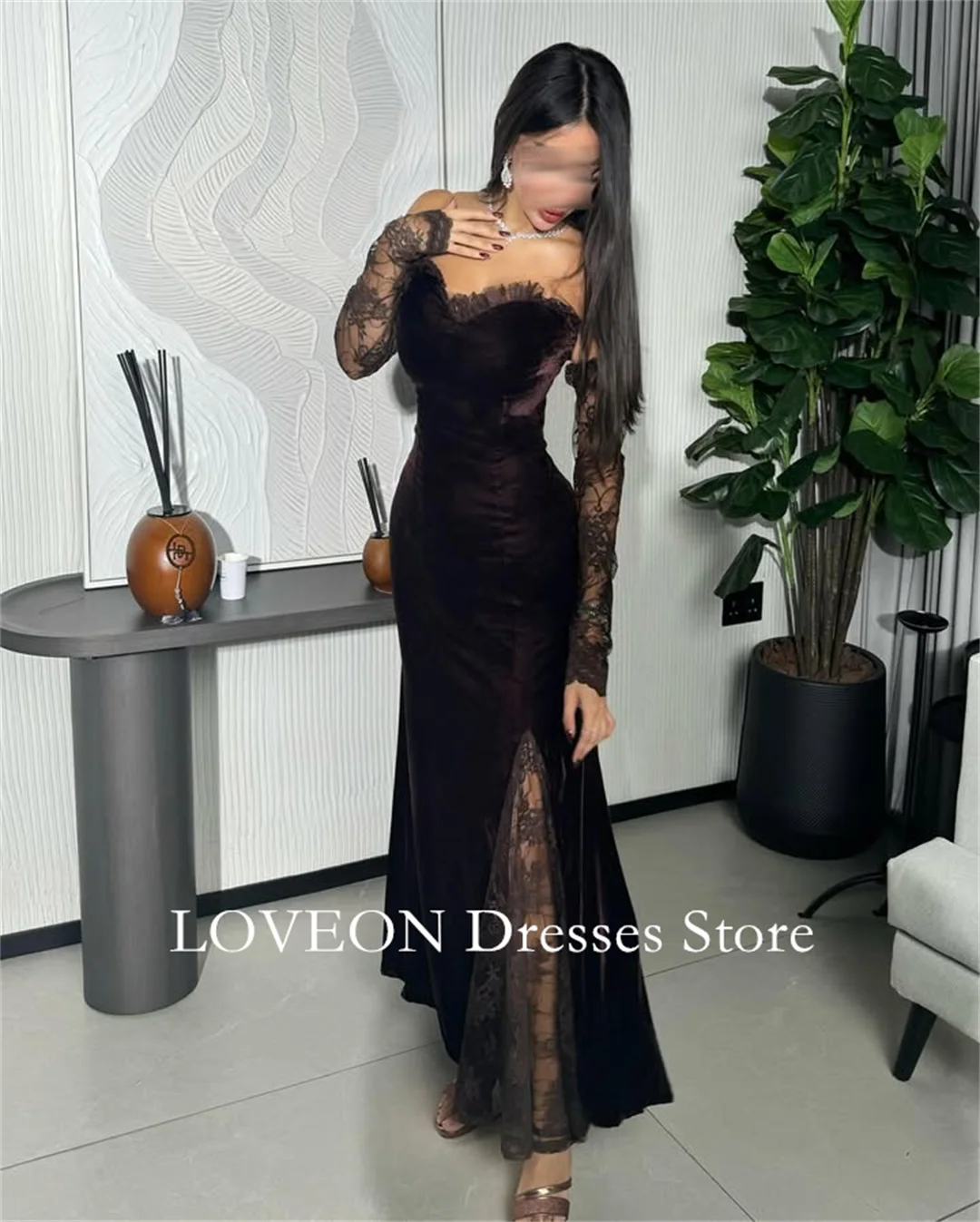 Sweetheart Ruffles Velvet Formal Evening Dresses Lace Long Sleeves  فساتين سهرة  Customized Elegant Prom Growns Party Women