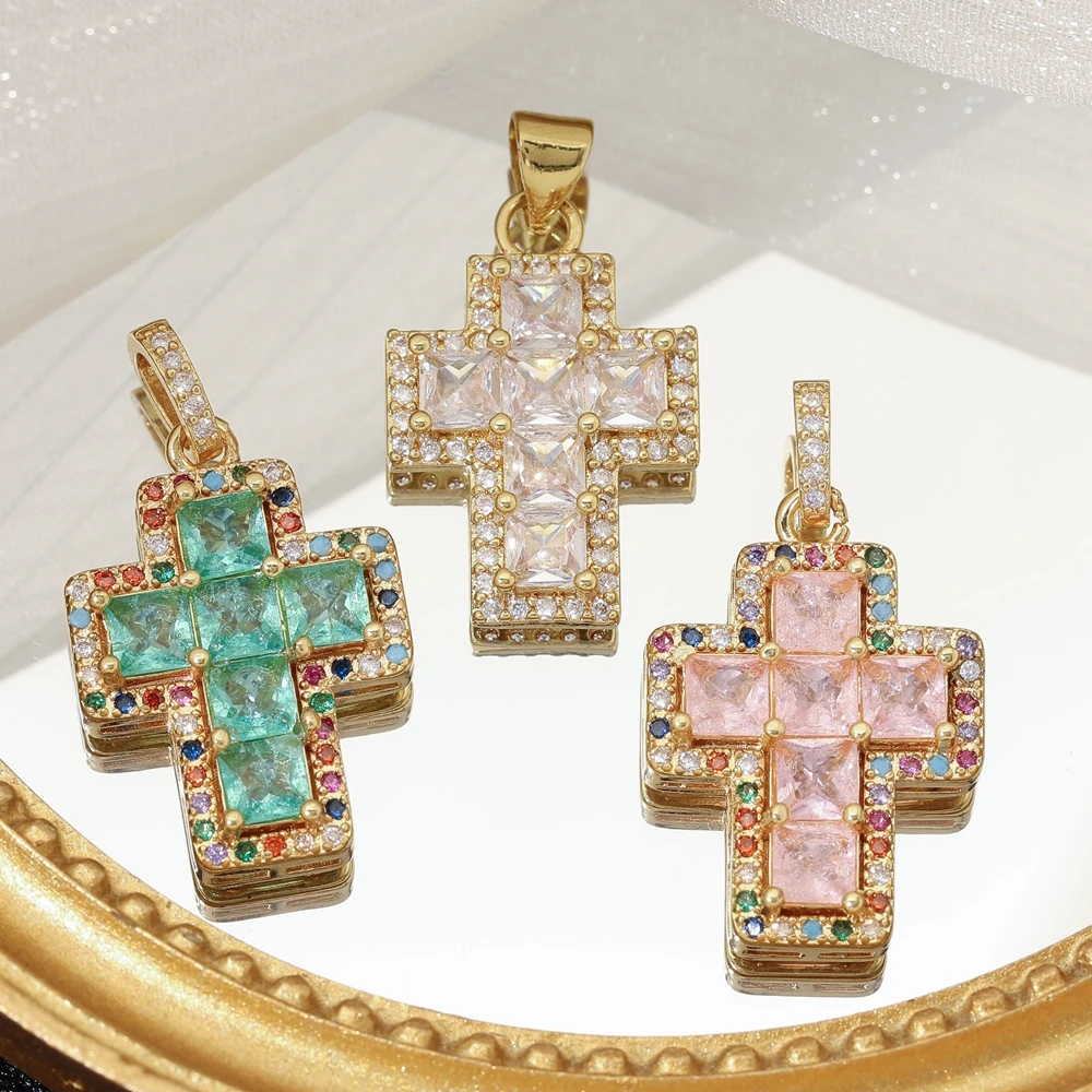 Juya 18K Real Gold Plated Religious Rosary Jewelry Components Handmade Cubic Zirconia Catholic Christian Crosses Charms Supplies