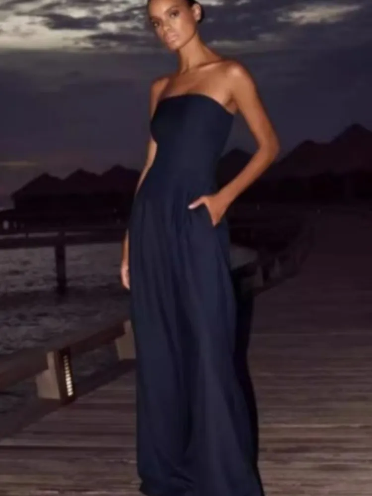 

Summer Women Jumpsuit Fashion Strapless Solid Color Sleeveless Loose Wide Legs Pants Casua Romper High Streetwear