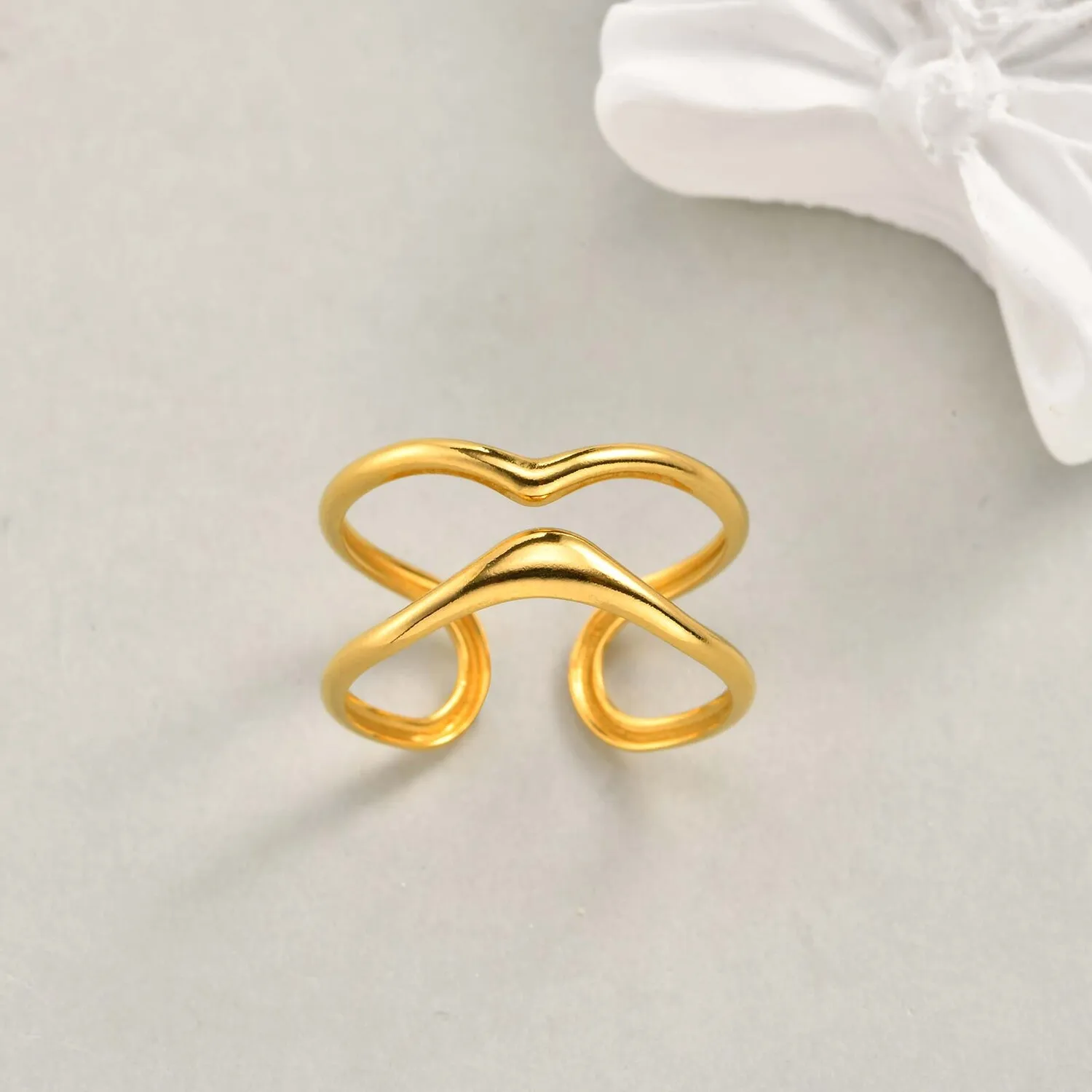18k Gold Gold Abstract Wire Ring for Women, Simple Link Double Layered Open Ring, Stainless Steel Stacking Finger Jewelry