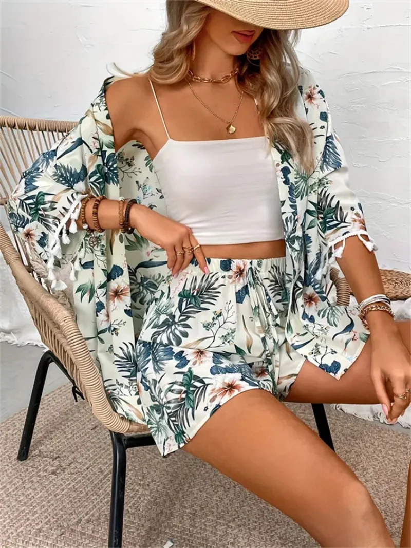 Short Sleeve Women Tassel Hawaiian Summer Printed Sun Protection Shirt Short Two-piece Suit