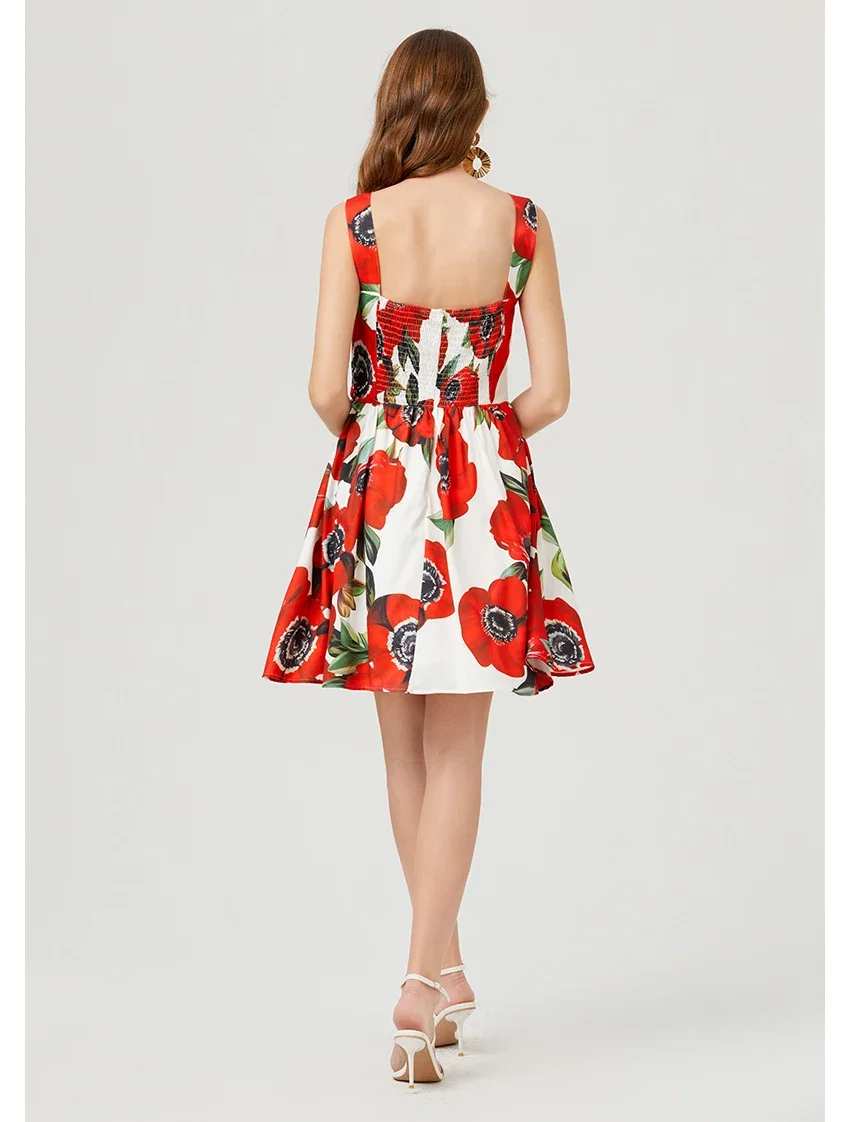 CPSYMYM Sommer Mode Kurze Boho Kleid Frauen Mini Blumen Druck Kleid Weibliche Ärmel Hängenden Gürtel Gedruckt Taille Gefaltetes Kleid