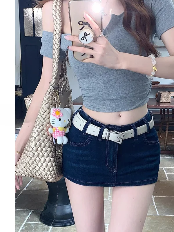 

American Retro Hot Girl Denim Skirt Low Waist Anti Exposure Skirt A-Line Wrap Hip Skirt Pants Women's Summer Faion