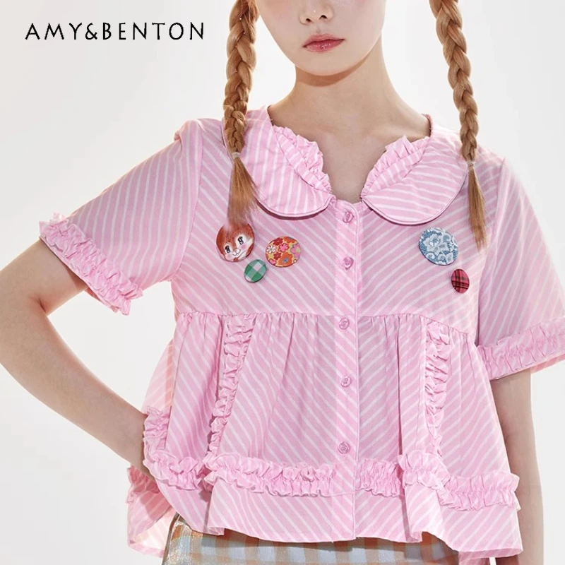 

Original Design Pink Striped Doll Collar Lace Women's Shirt Japanese 2025 Summer New Cute Kawaii Short-sleeved Shirts Ladies