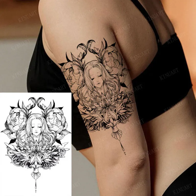 Pegatina de tatuaje temporal a prueba de agua, tatuaje falso de flor para mujer, tatuaje negro de mariposa para mano, brazo, espalda, arte corporal