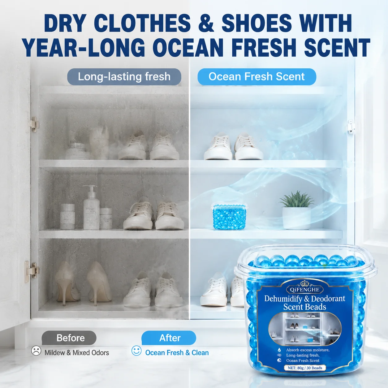 Dehumidifying Closet Freshener Beads for Wardrobe Storage Remove Musty Odor Long Lasting Ocean Fresh Scent 80g Box