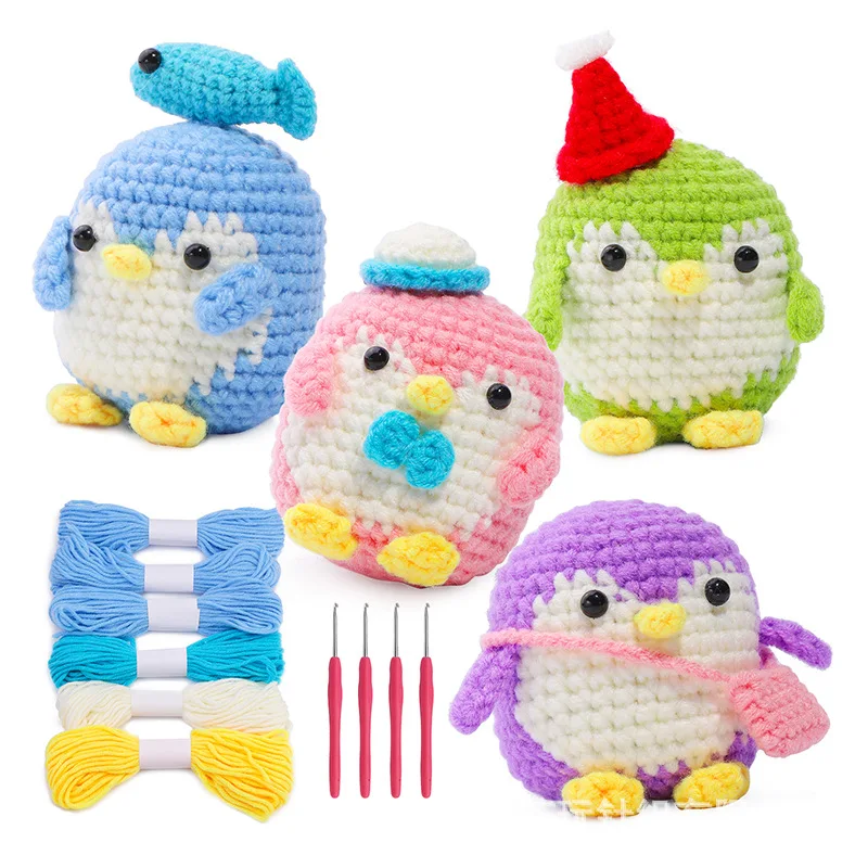 Penguin Crochet Kit for Beginners With Video Tutorial Cotton Knitting Yarn Thread Needles Hook Knit Tool Set DIY Craft