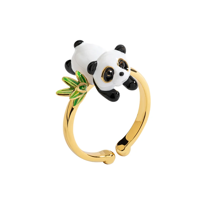 Juicy Grape Hand-Painted Enamel Cute Panda Rings Gold Plated Adjustable Animal Bamboo Jewelry Gift for Women Girls Ring