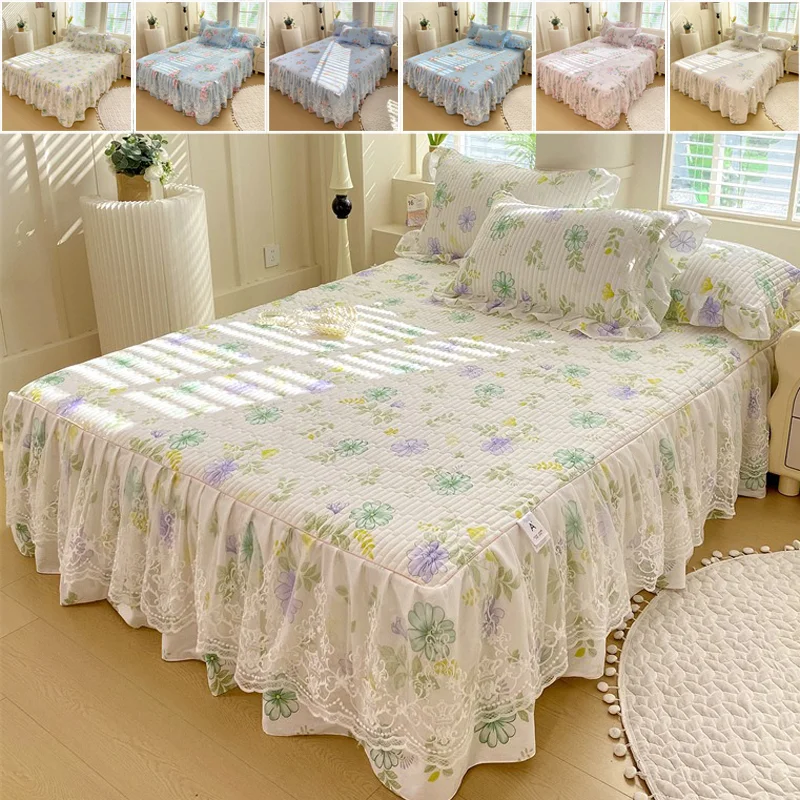1-Piece 100% Cotton Soft Quilted Princess Style Bedding Set Floral Lace Bed Cover Bed Skirt Pillowcase for Bedroom Decoration