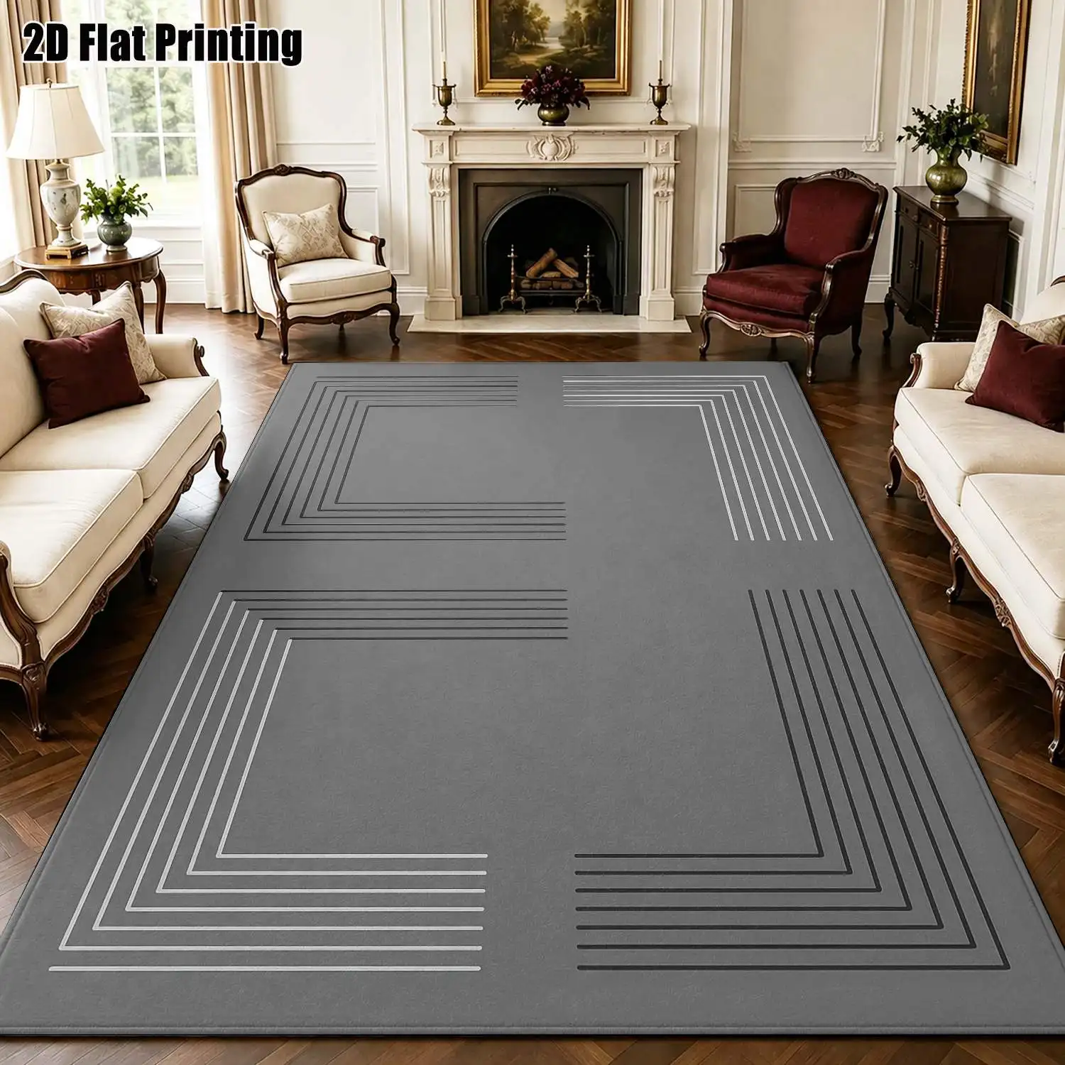 1Pc 2D Printed Nordic/Instagram Style Geometric Striped Carpet, Gray Base with Black and White Lines, Machine Washable Multi-Size Home Decor Mat for Entryway, Dining Room, Living Room, Bedroom