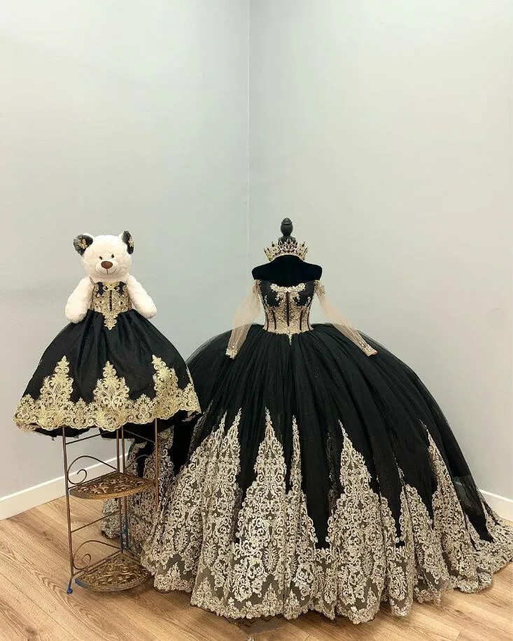 Vestido de quinceañera brillante de oro negro con manga larga, apliques de lujo, vestido de deshuesado de 15 dorado, vestido de graduación dulce 16