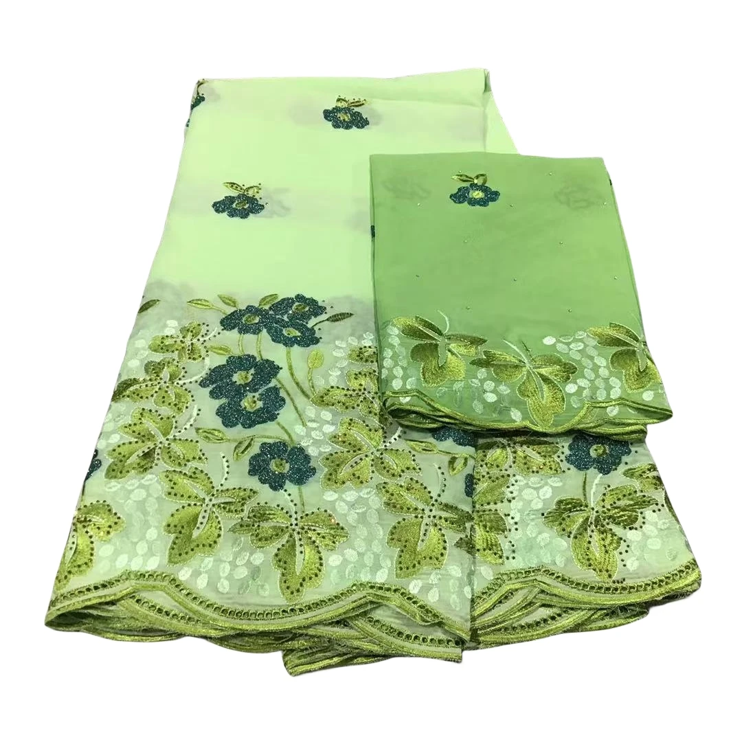 

Green Swiss Voile Lace Fabric and Scarf Set for Women, African Lace with Rhinestones, High Quality, 5 + 2 Yards