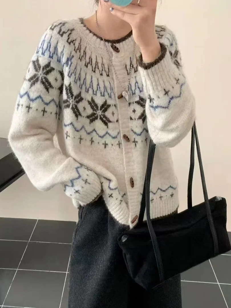 Retro Button-Up Soft Versatile Fair Isle Knit Sweater Women's Autumn Winter New Style Color Block Knitted Coat Casual Fashion