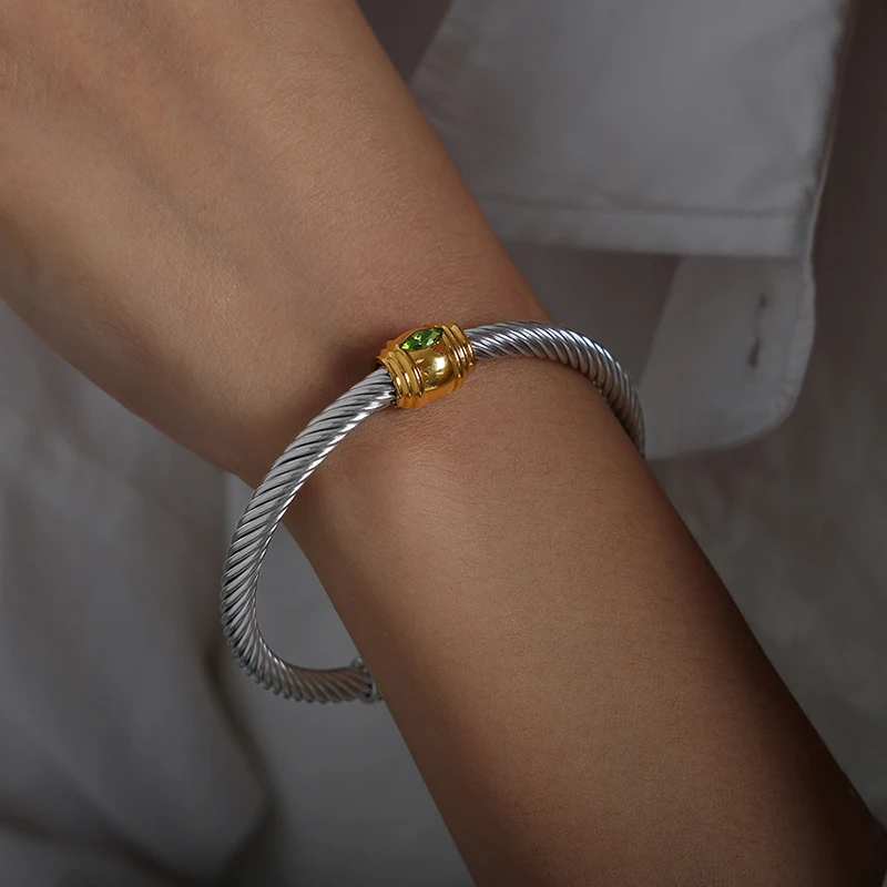 Cuff Bangle Cubic Zircon Stone  Stainless Steel Rhodium Plated Size Adjustable Cuff Bracelet Girl Fashion