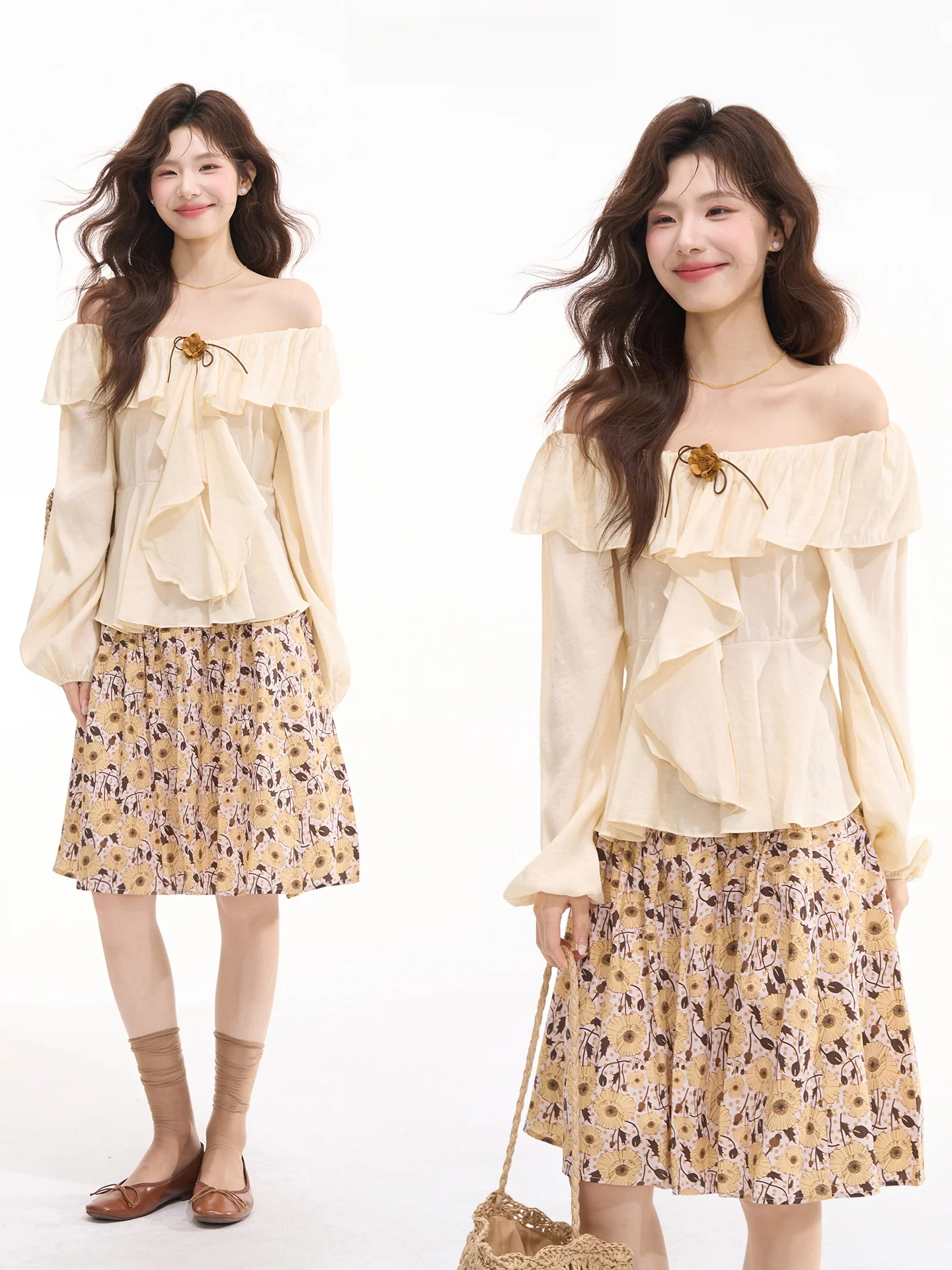 

Heme Casual Long Sleeve Floral Shirt Women's Top Simple Matching Pear Smile Leaf Design Comfortable Loose Fit Shirt