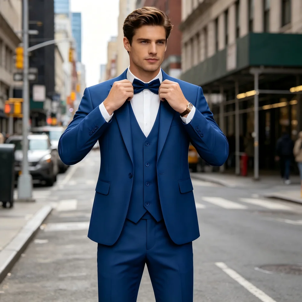 

Мужской костюм-тройка однотонного цвета, формальный, приталенный, с пиджаком, брюками и галстуком