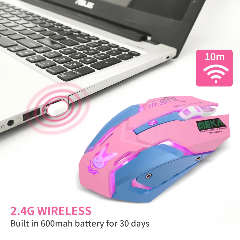 pink 7-Button Gaming Mouse, Silent Wireless Rechargeable Mouse, Anime Style 2.4G Computer Mouse for PC, Office and Travel