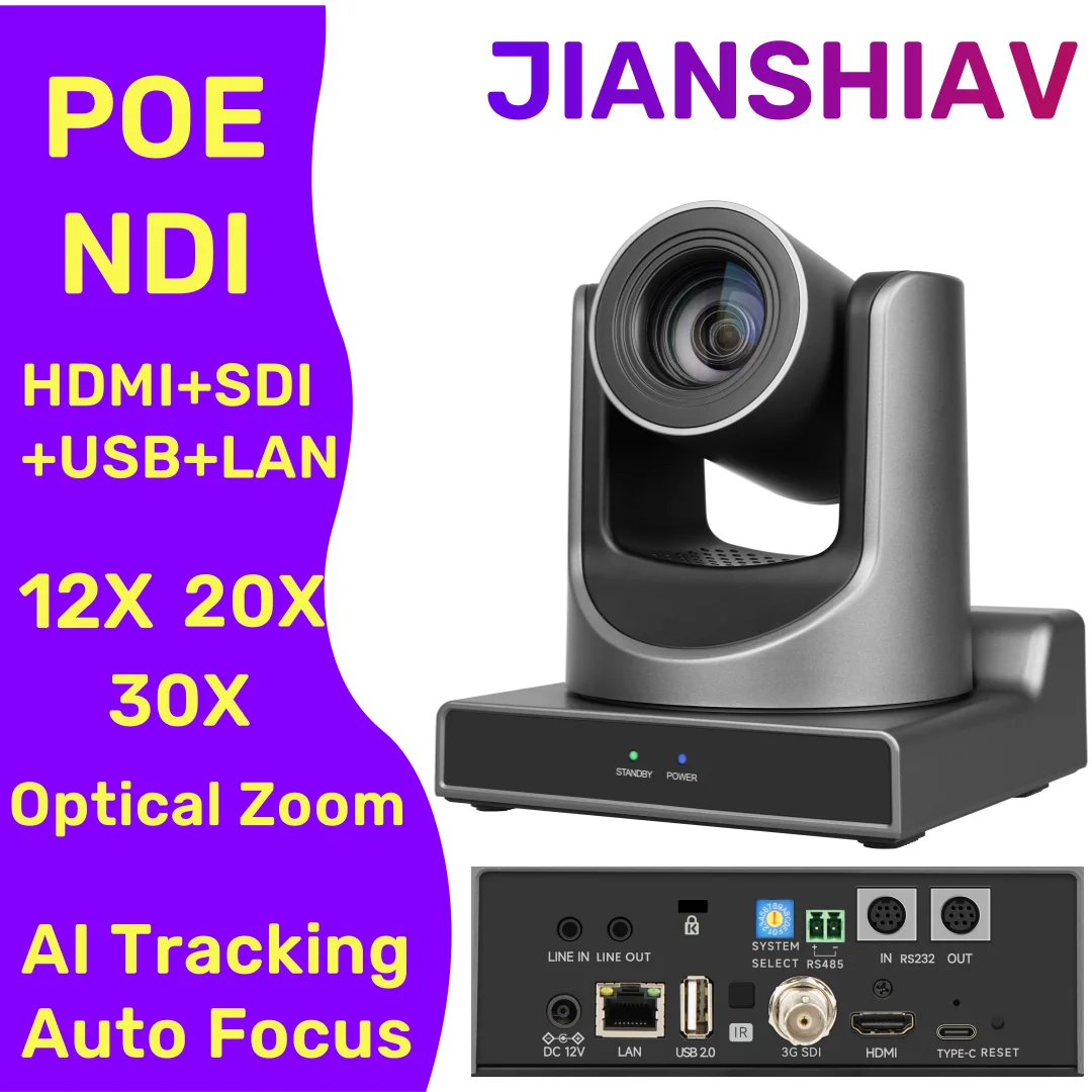 

1080P NDI Conference PTZ Video Camera 12/20/30x Zoom Ai Tracking SDI HDMI USB Outputs Support POE for Business Meeting Broadcast