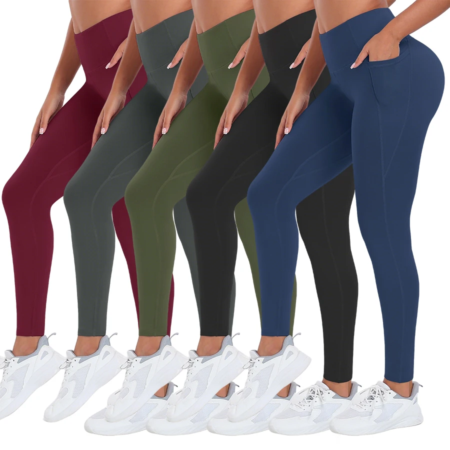 Women Leggings with Pockets Solid Color High Waist Butt Lifting Tights Slim Elastic Leggings Sportswear