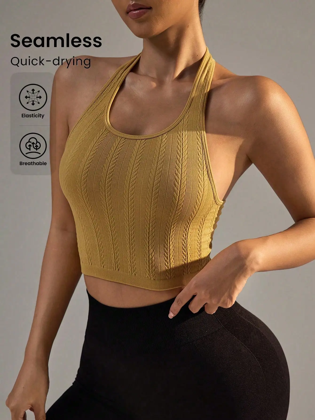 Women Wheat Leaf Textured Halter Crop Tank Top U Neck Ribbed Sleeveless Slim Gym Yoga Workout Cami Vest