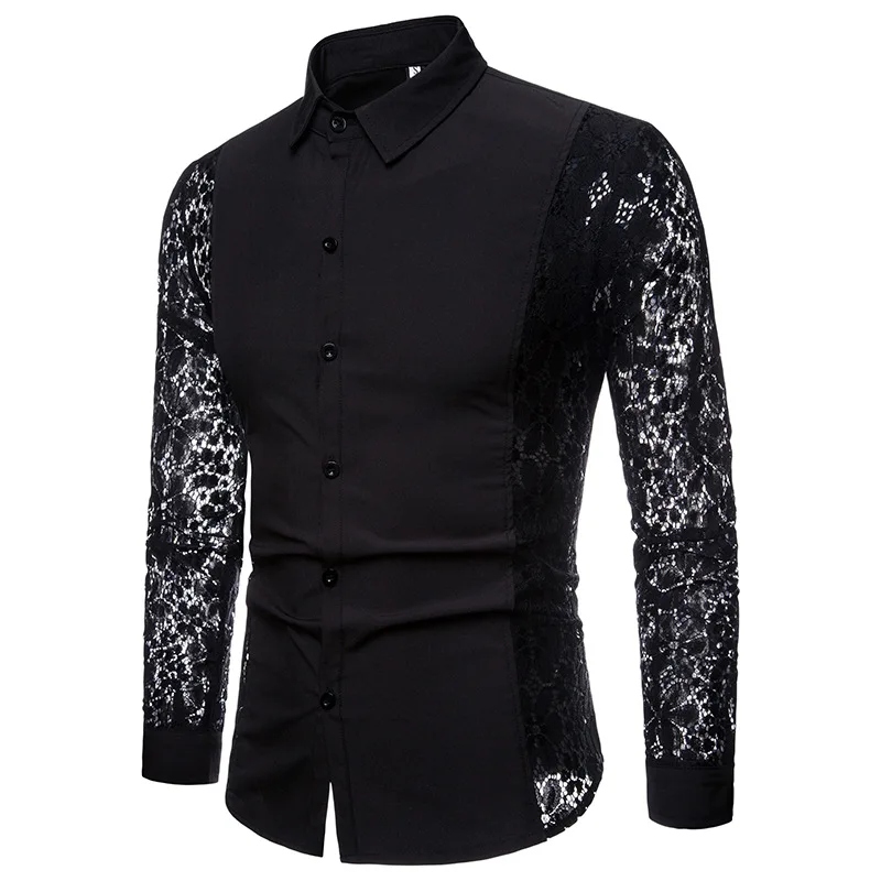 

Mens Night Club Mesh See Through Dress Shirts Long Sleeve Button Down Sexy Lace Floral Shirt Men Harajuku Casual Chemise Homme