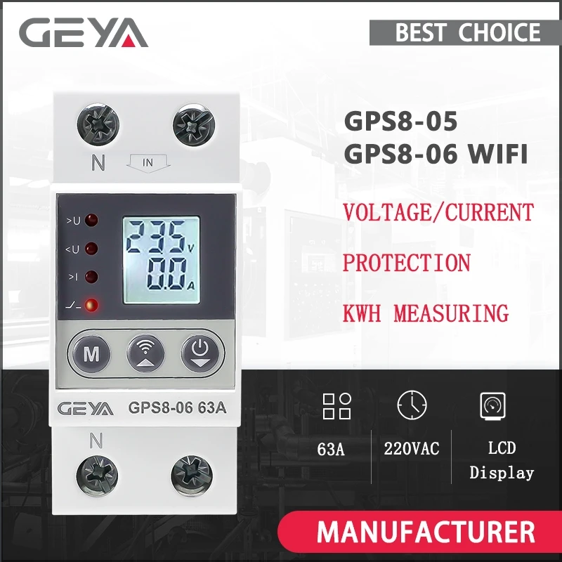 

GEYA GPS8-06 Wi-Fi KWH Измерительный переключатель Защитное устройство тока/напряжения с функцией измерения 63A 220V ЖК-дисплей