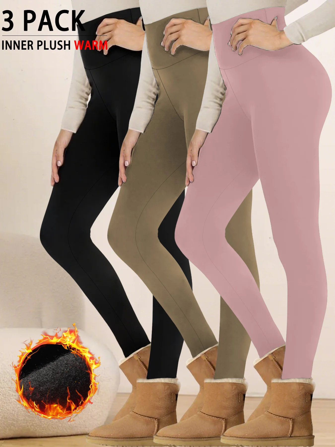Calças justas de treino quentes de inverno: leggings de ioga macias femininas de cintura alta e forro de lã térmica com 3 unidades.