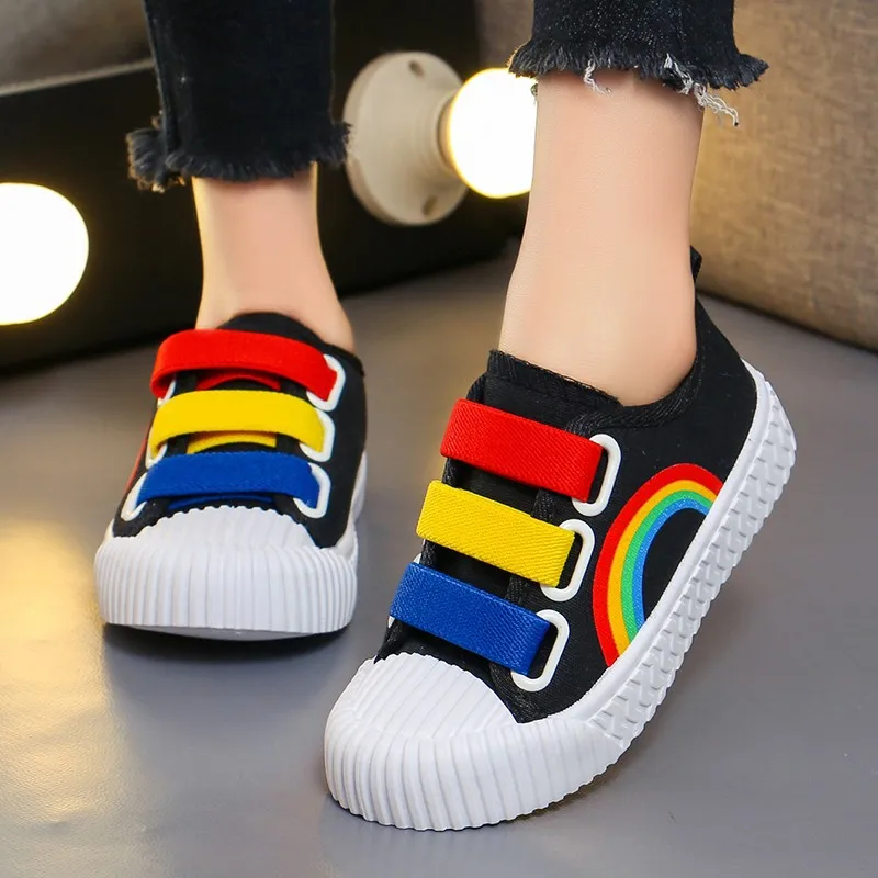 Kids Canvas Shoes Boy Girl Hook Loop Flat Rainbow Shoes Kids Sport Running Boys Spring Autumn Student Breathable Casual Shoes