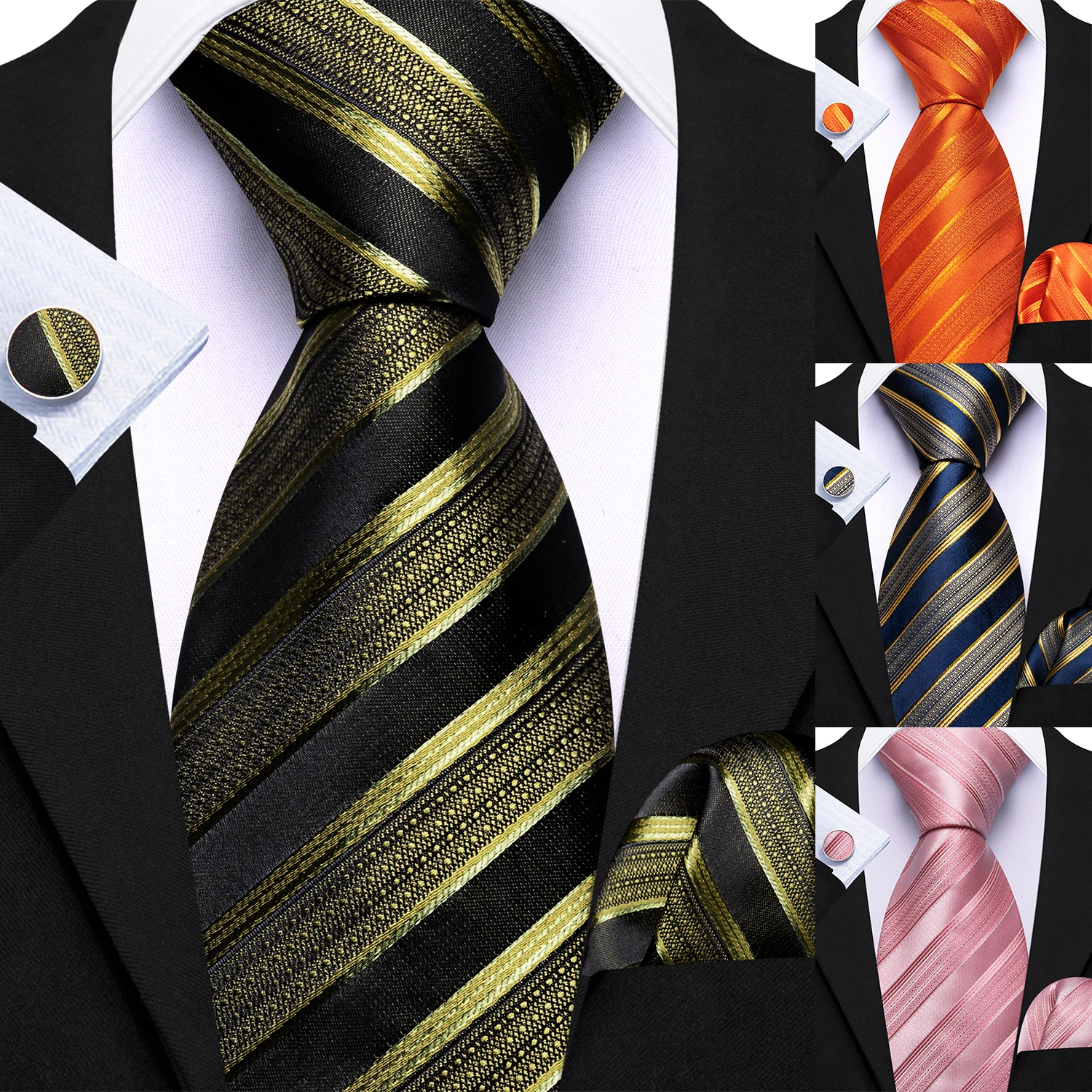 Diagonal Striped Men's Tie Set Red Green Gold Pink Necktie Pocket Square Cufflinks 3Pcs Formal Business Wedding Suit Accessories