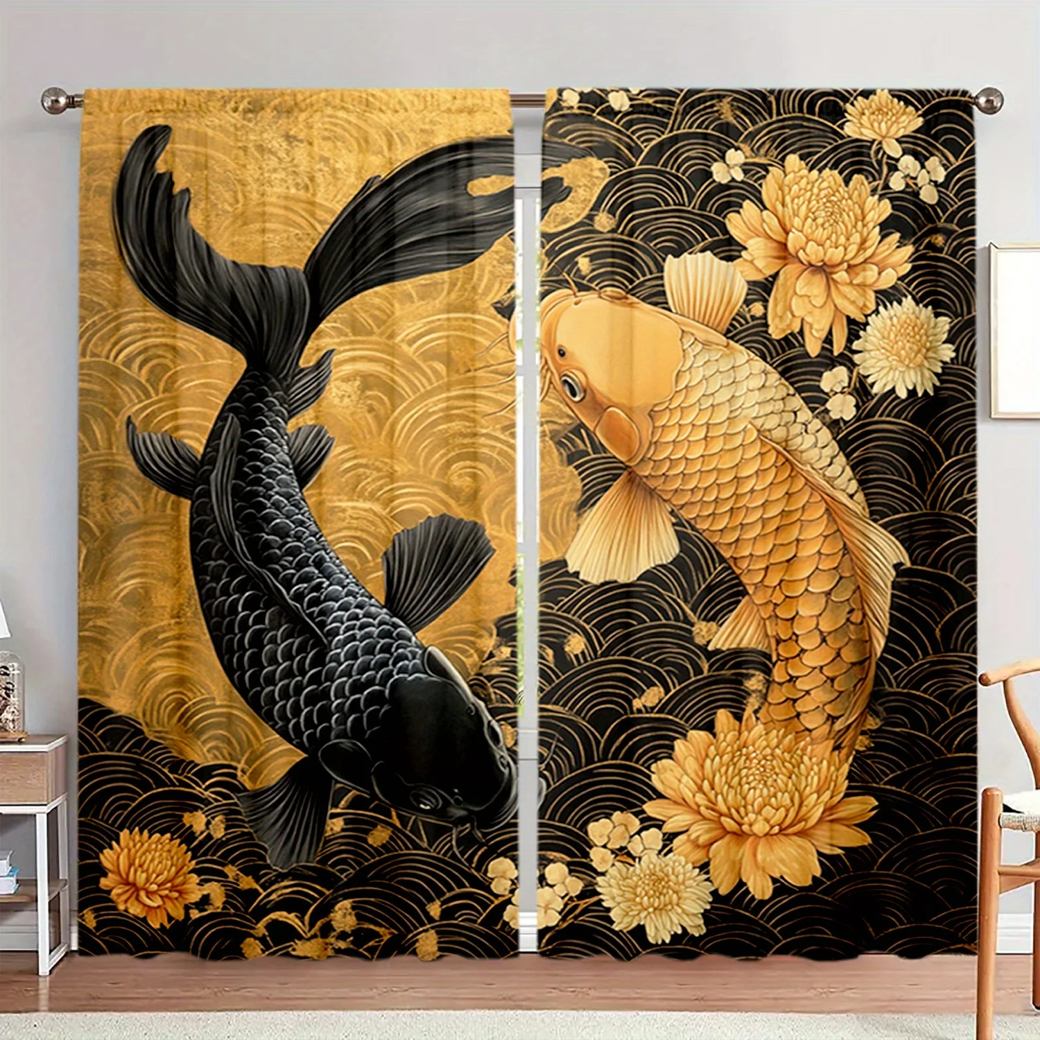 Vibrant Koi Fish and Golden Flower Pattern Curtain Panels for Living Room Home Decor Window Treatment
