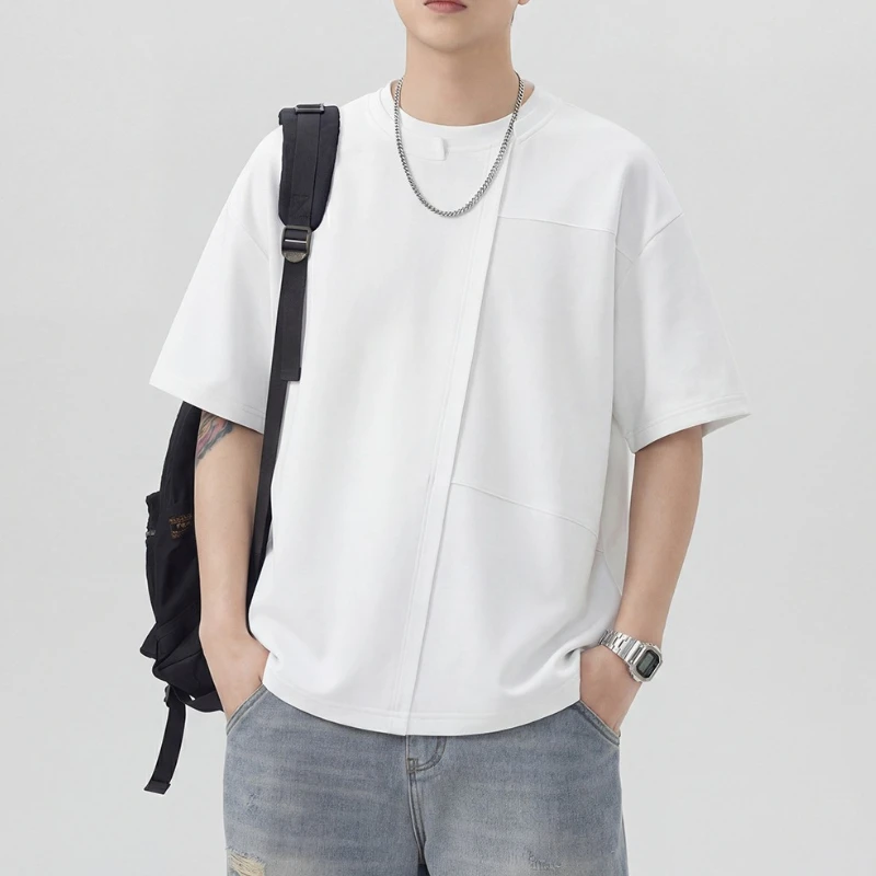 T-shirt Men's Short Sleeves Summer 2026 New Trend Loose Double Structure Collar T-shirt Round Neck Solid Color Heavy Half Sleeve