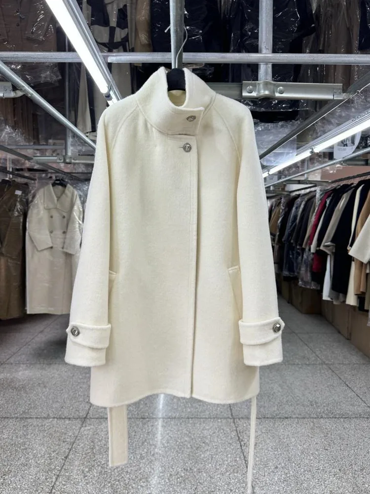 DFDG 2025 Neutral Solid Color Short Design Sense Of Low Luxury Style Stand Collar Wool Lace-up Jacket Button Long Sleeve Coat