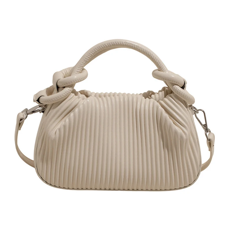 

Cream Pleated Striped Bucket Bag Unique Knot Handle Women's Daily Commuter Purse