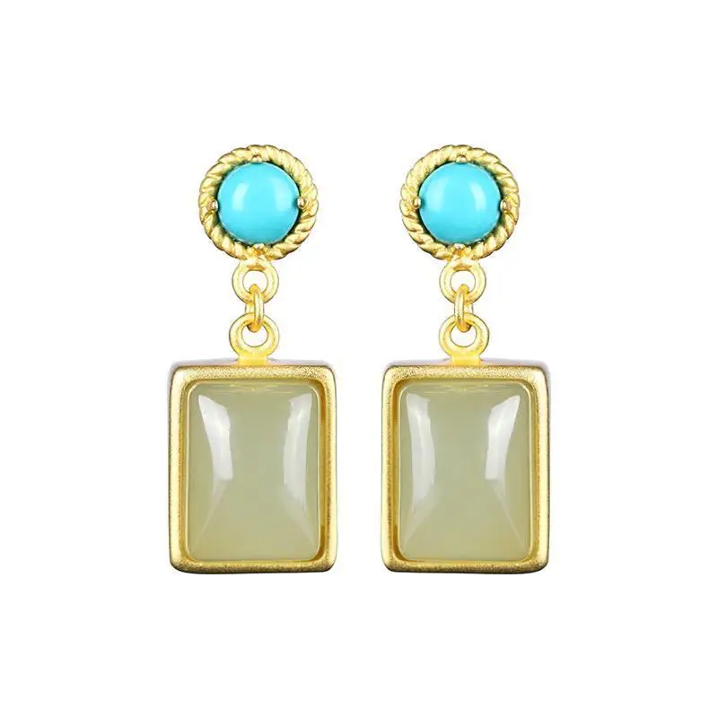 925 Sterling Silver Jewelry 18K Gold Plated Natural Cuboid Jade Turquoise Drop Earrings for Women Wedding Party Jewelry Gift