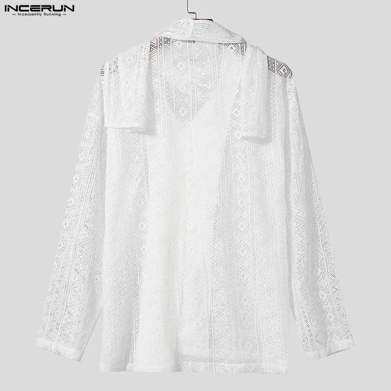 INCERUN الرجال قميص الدانتيل انظر من خلال الياقة المدورة طويلة الأكمام فضفاضة الرجال الملابس الشارع الشهير موضة ملابس علوية غير رسمية قمصان الذكور #5