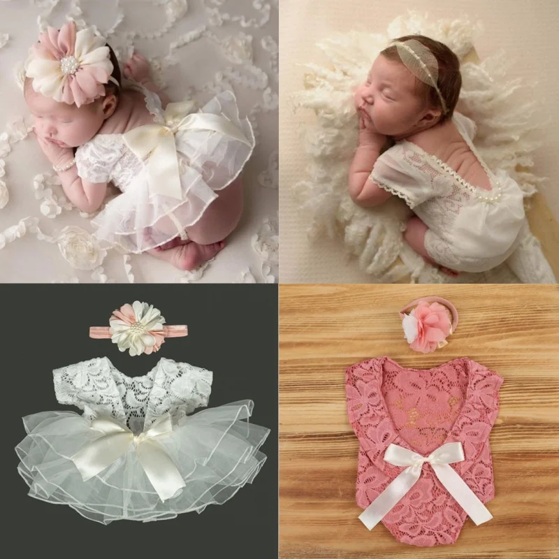 3Pcs Newborn Photography Props Suit Lace Romper Hat Pillow Headband Set Knit Outfits Clothing Infants Shooting Photo Gifts