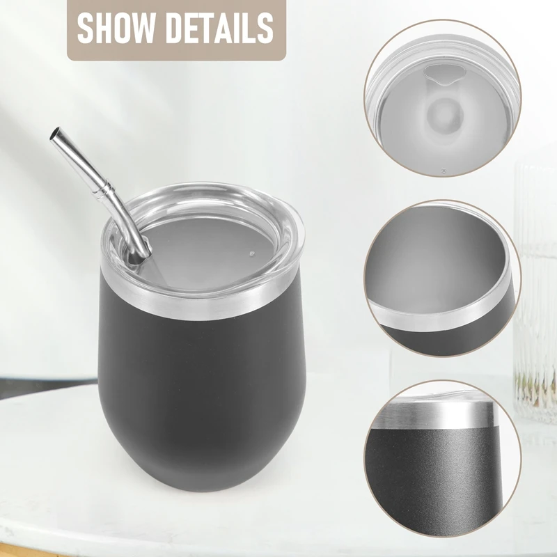 Copo de chá de aço inoxidável de parede dupla com tampa, colher, palha, bombilla, escova do filtro principal