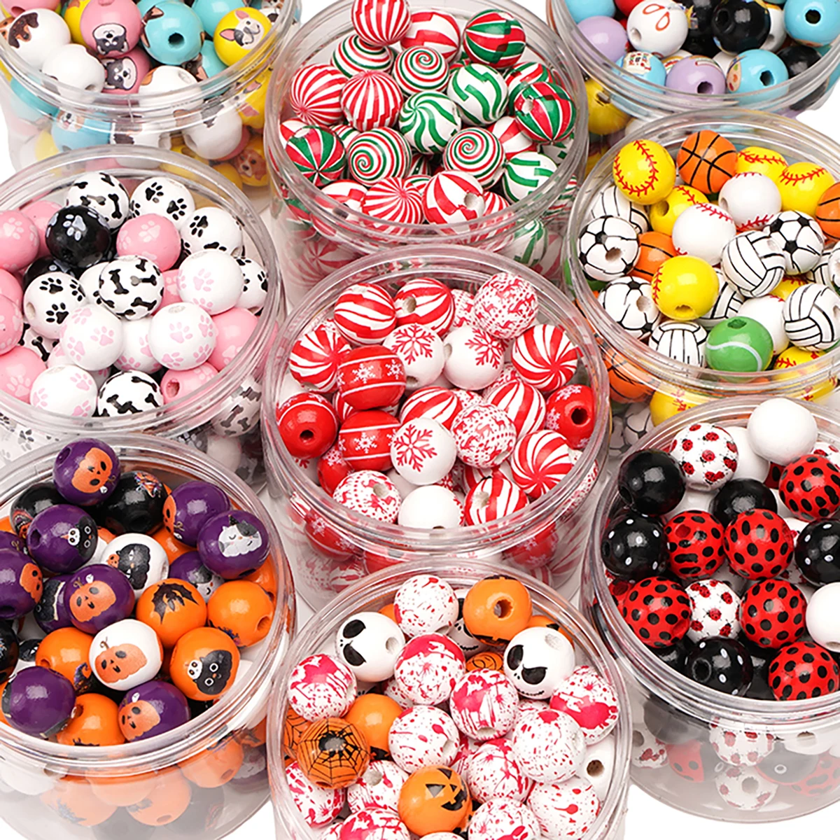 16mm 10Pcs/Bag Wooden Printed Round Beads Christmas Day Jewelry Handmade DIY Bracelet Earrings Necklace Accessories Materials