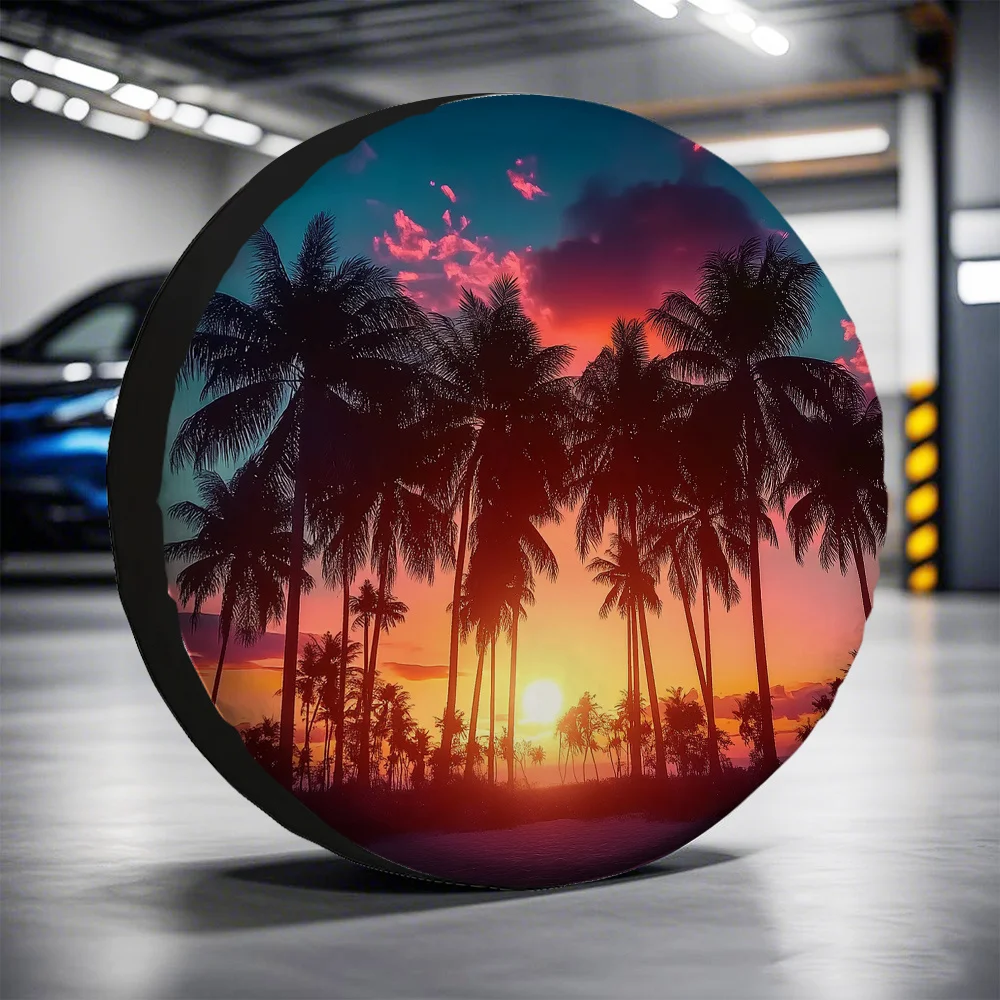 1pc Tropical Palm Tree Sunset Design Waterproof Spare Tire Cover, Machine Washable Fabric, Universal Fit for Auto