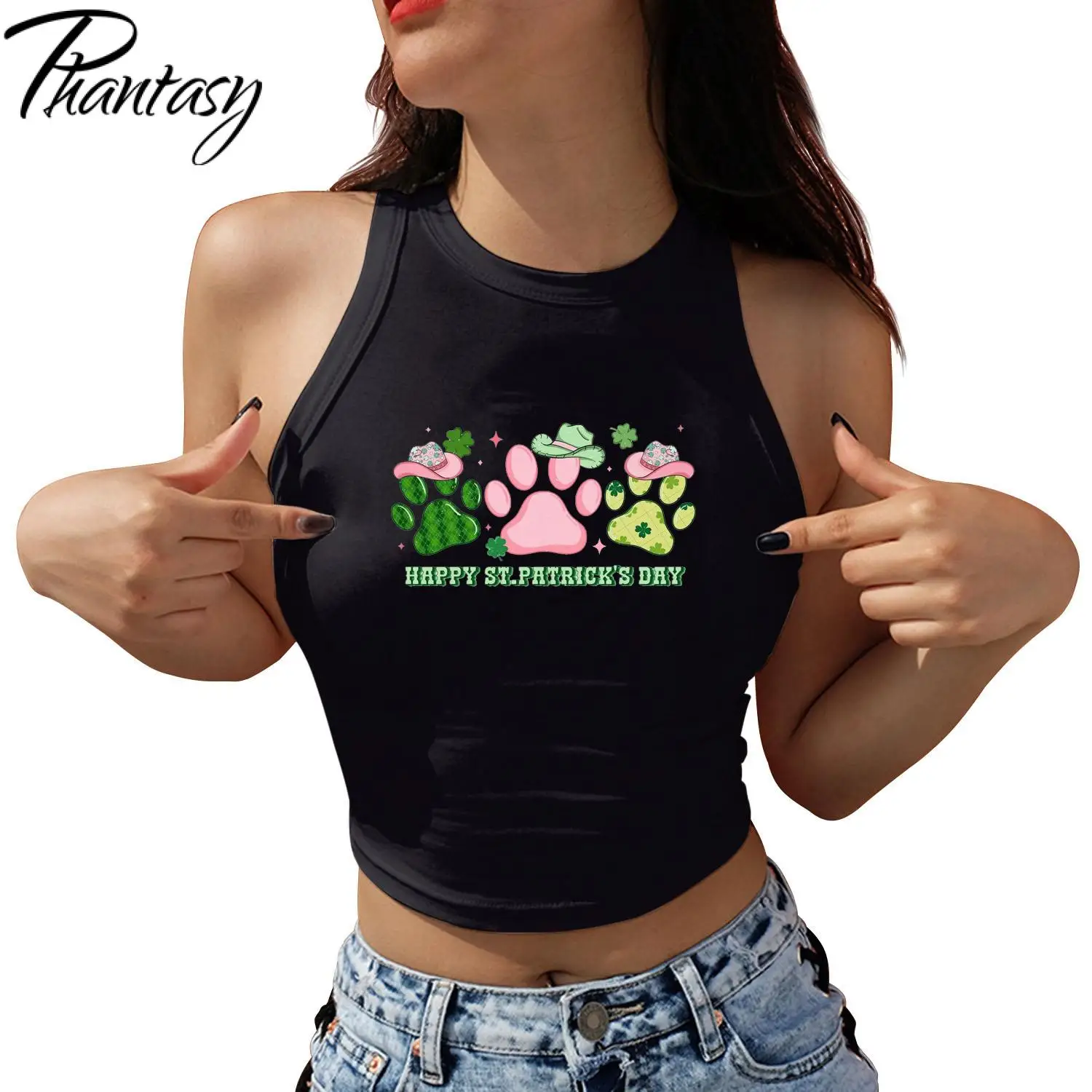 Phantasy St Patrick's Day Lucky Love Printed Crop Tops for Women Sleeveless Shirt Summer Harajuku Female Casual Y2K Tank Tops