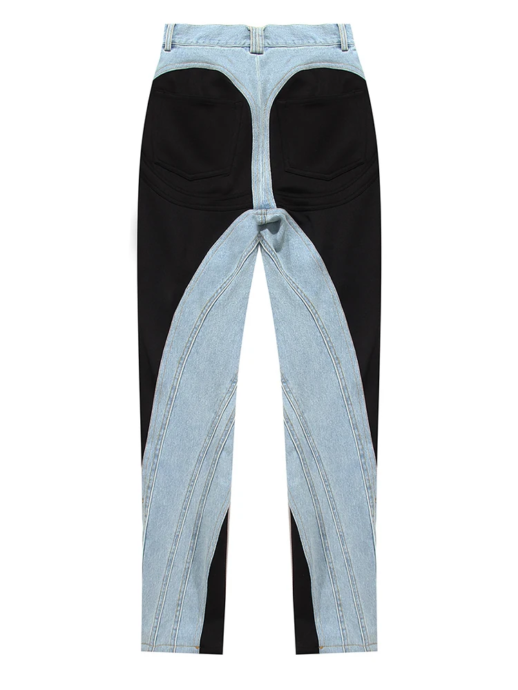 [EAM] High Waist Blue Color-block Pockets Long Pencil Jeans New Loose Women Trousers Fashion Tide Spring Autumn 2024 WT05205