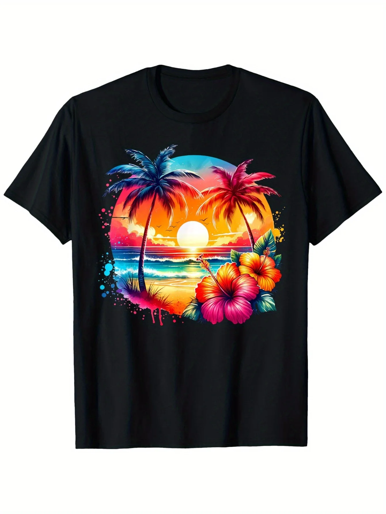 

Tropical Hibiscus Sunset T-Shirt - 100% Cotton, S-3XL Anti-Shrink Summer Beach Tee