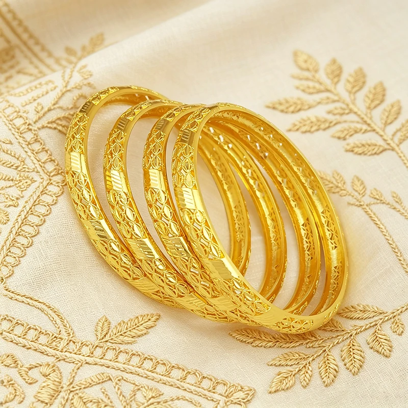 Snake Scale Pattern Bangle Set Gold Plated Alloy Hollow Slash Carved Closed Bracelet Vintage Ethnic Stackable Jewelry For Women