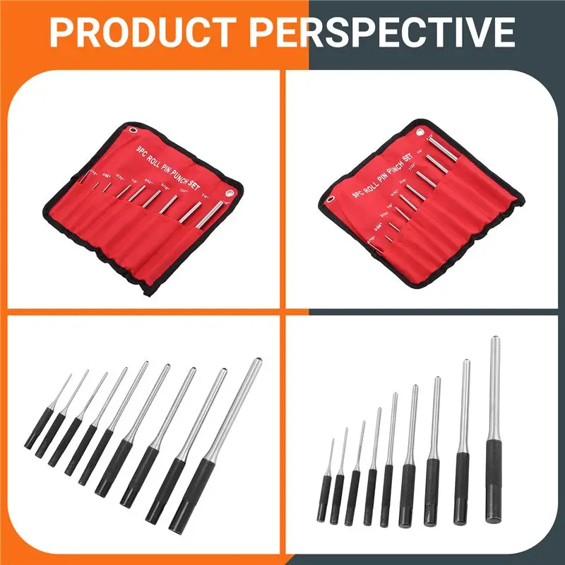A68P-9-Piece Set-Up Punch Round Punch Pieces Roll Pin Punch Set Tool Bolt Catch Roll Pin Punch Tool Kit