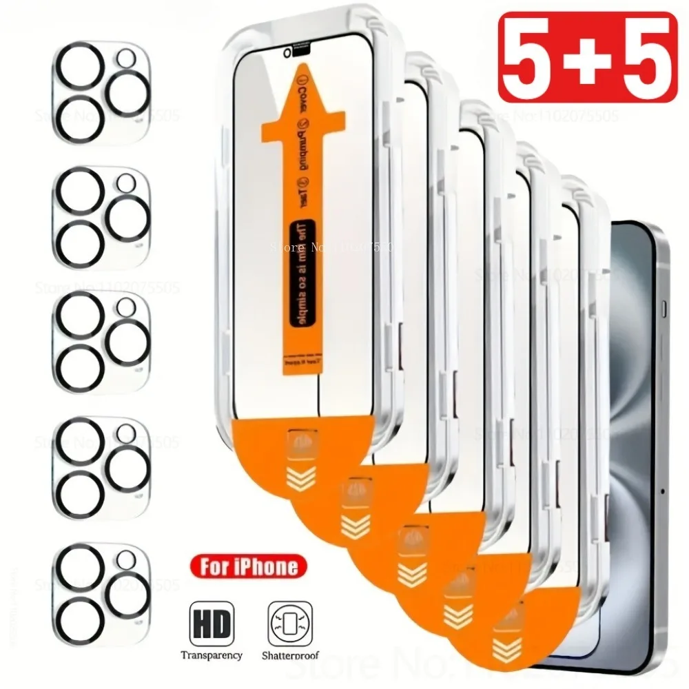 

[5+5]5pcs Tempered Glass+5pcs Camera Lens Protectors for IPhone 13 Promax 12Mini 11 Pro 14 15 Plus 16E 16 Promax Dust Prevention