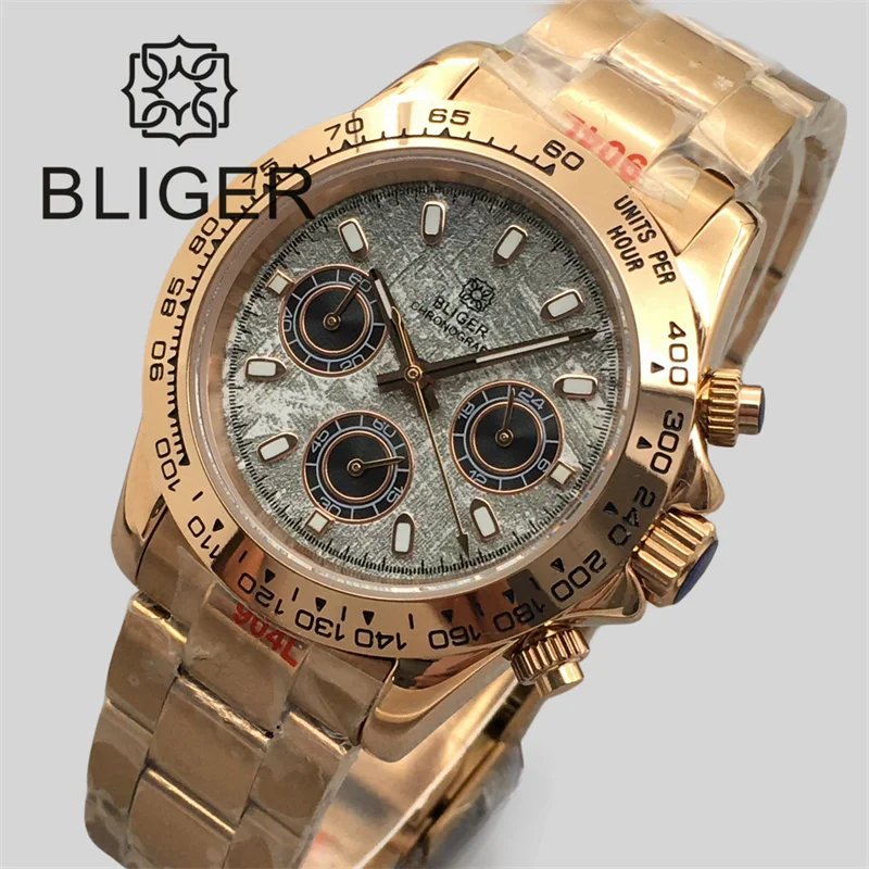 BLIGER 39mm Luxury Quartz Watch For Men VK63 Movement Sports Chronograph Meteorite Dial Sapphire Glass Two-tone Rose Gold Steel